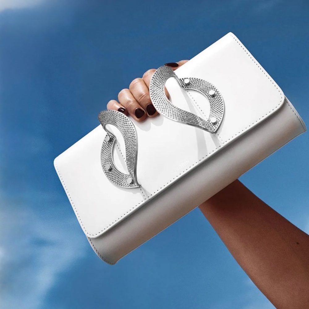 Perrin Paris La Croisette  Strass White Leather Clutch With Swarovski Cr… - Picture 5 of 16